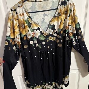 Source Unknown Floral V-Neck Blouse - Black and Yellow